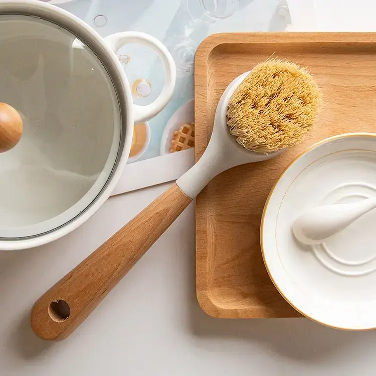 Oem Multi-Functional Birch Wood Handle Built-in Scraper Head Pan Sisal Pot Brush Kitchen Cleaning Brush For Sink Stove Featured Image