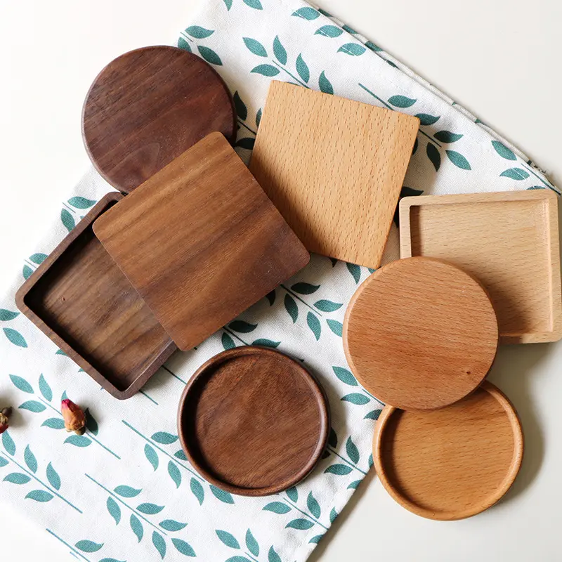 Solid beech wood coaster wooden lid square round wooden coffee coaster placemat bamboo tea coaster
