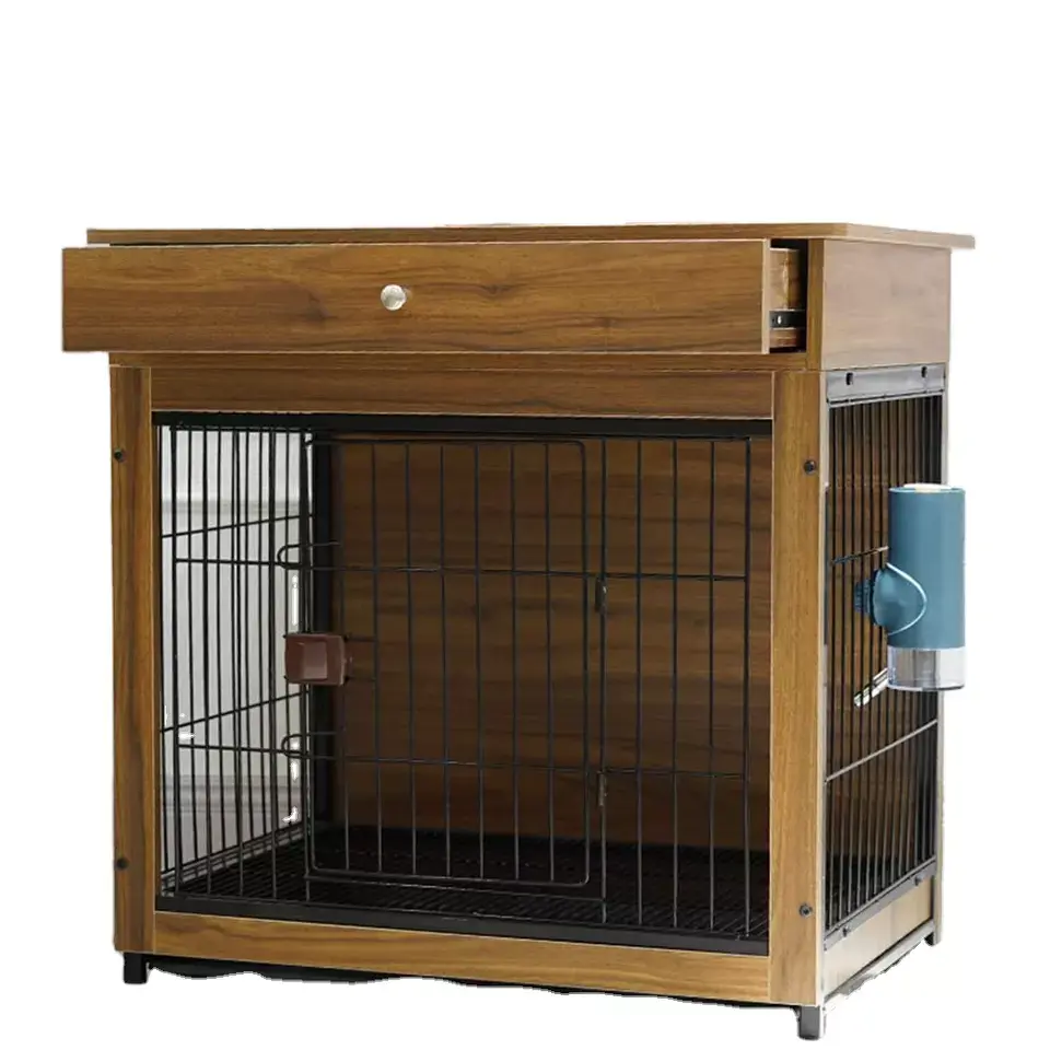 Custom furniture style dog crate end table with drawers pet kennel with cushions Featured Image