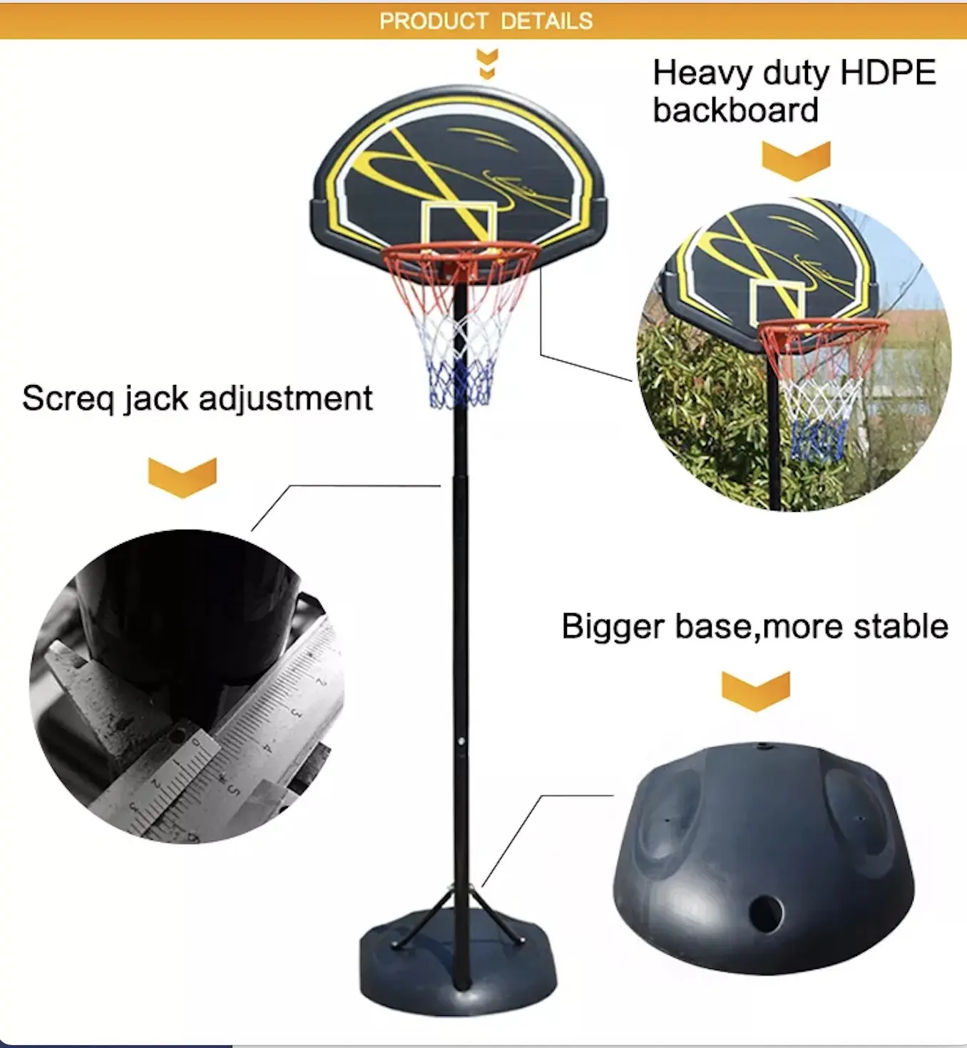Telescopic Adjustment Steel Pole PE Backboard Basketball Hoop Stand with Base for Game
