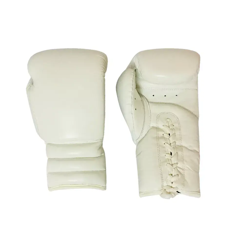 High quality white cowhide leather lace-up boxing gloves Featured Image