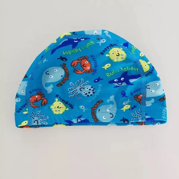 customized Funny cartoon Good quality kid swimming caps Polyester swimming caps PU caps Featured Image