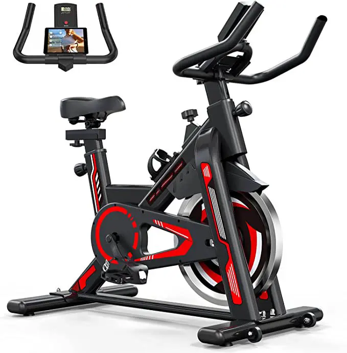Exercise Bike – Stationary Indoor Cycling Bike for Home GYM with Tablet Holder and LCD Monitor,Silent Belt Drive,Comfortable seat and quiet flywheel Featured Image