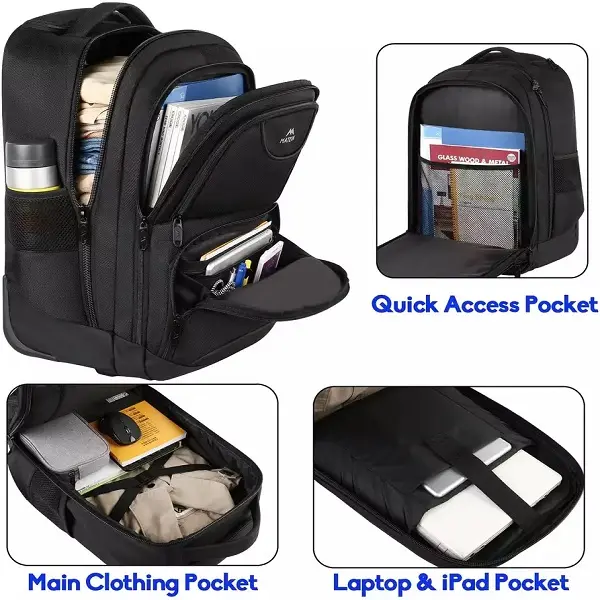 Men Women Waterproof Rolling Trolley Black Laptop Backpack Polyester Carry On BagPack OEM Travel Backpack