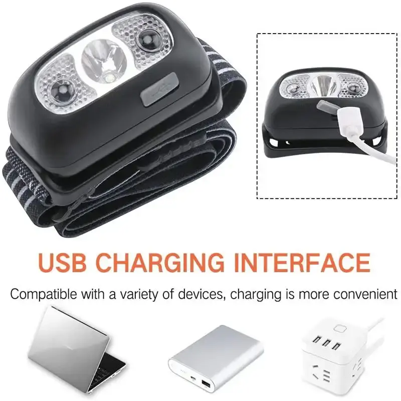 USB Rechargeable 3W LED Headlamp 4 Mode Running Head Torch Portable Mini LED Head Light with Motion Sensor