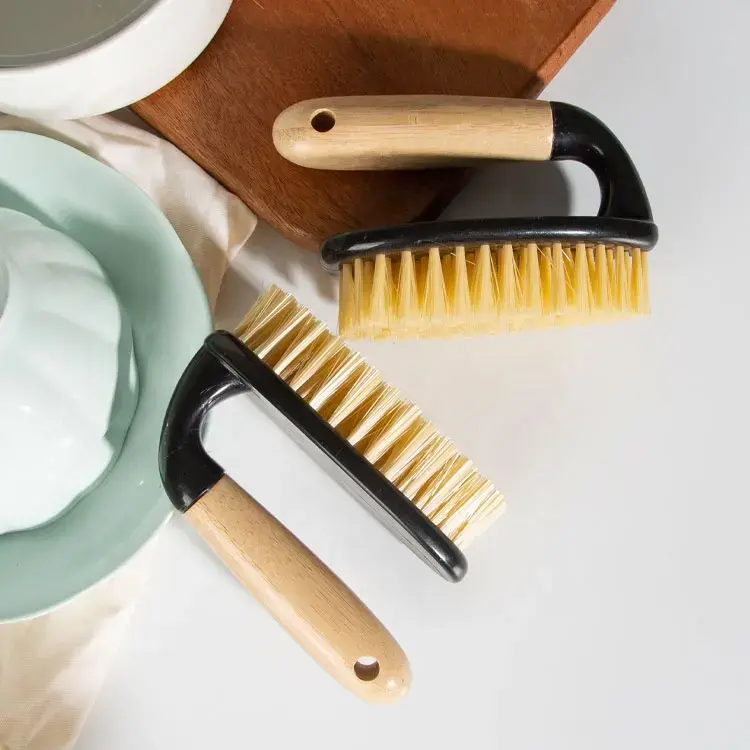 Oem Eco-Friendly Ergonomic Non-Slip Handle Non-Scratch Pot Cleaning Brush Bamboo Kitchen Dish Scrub Brush For Pan Sink