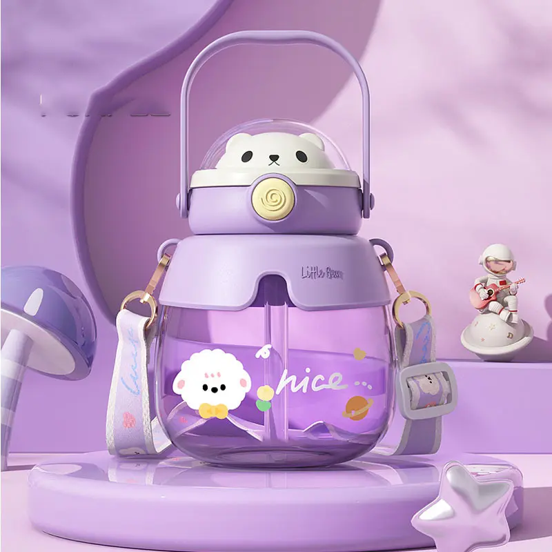 New potbelly cup for male and female students high-value cartoon hugging bear water cup children’s portable straw Plastic cups