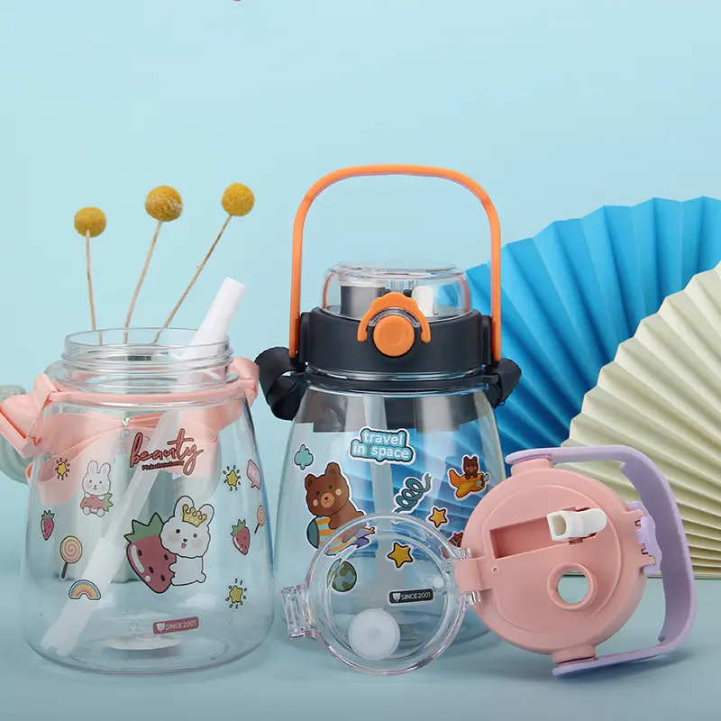 Plastic straw cup high value double drink potbelly water cup girl series large-capacity cartoon kettle