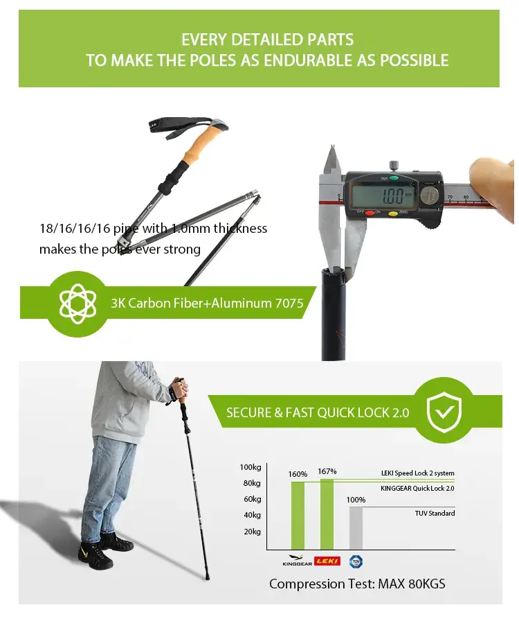 Outdoor 4-Section retractable foldable 3k carbon fiber Hiking trekking walking sticks poles with Quick