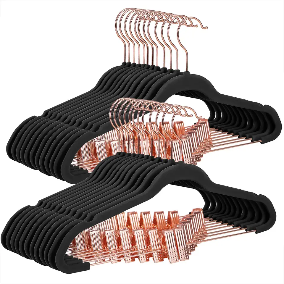 wholesale custom 24 pack non slip rose gold bulk clothes hangers with swivel hook pants velvet hangers
