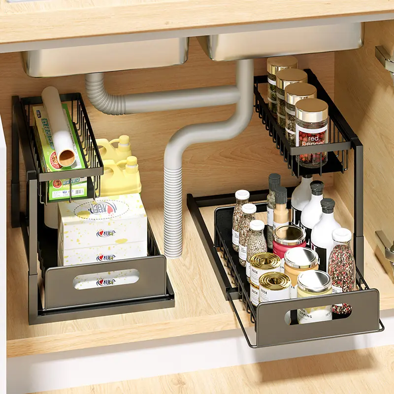 Kitchen cabinet storage shelves, sink storage racks, pull-out drawer basket organizing shelves, removable shelves