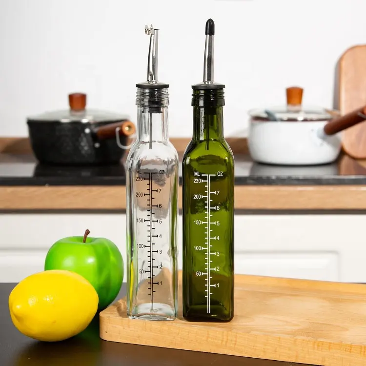 250ml Green & Clear Oil and Vinegar Cruet Bottle Set Glass Measuring Oil Dispenser Bottle For Kitchen