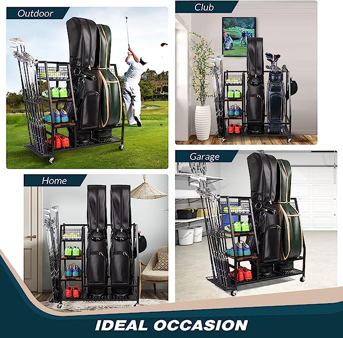 Golf Bag Storage Organizer,Golf Bag Rack Fits 2/3 Golf Bags and Golf Equipment Accessories