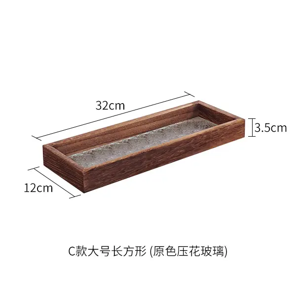 Vintage style begonia flower glass tray solid wood rectangular small tea tray water cup storage fruit tray snack plate
