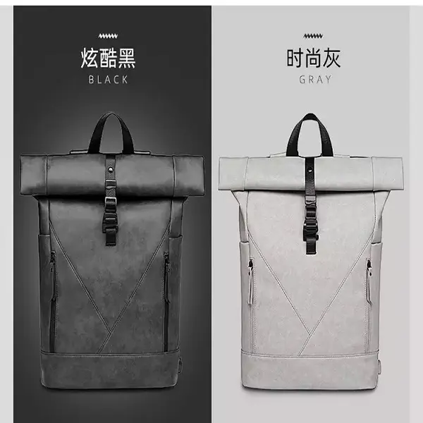 High Quality In Stock Custom Waterproof PU Leather Roll Top Backpack Business Travel Computer Backpack For Men Featured Image