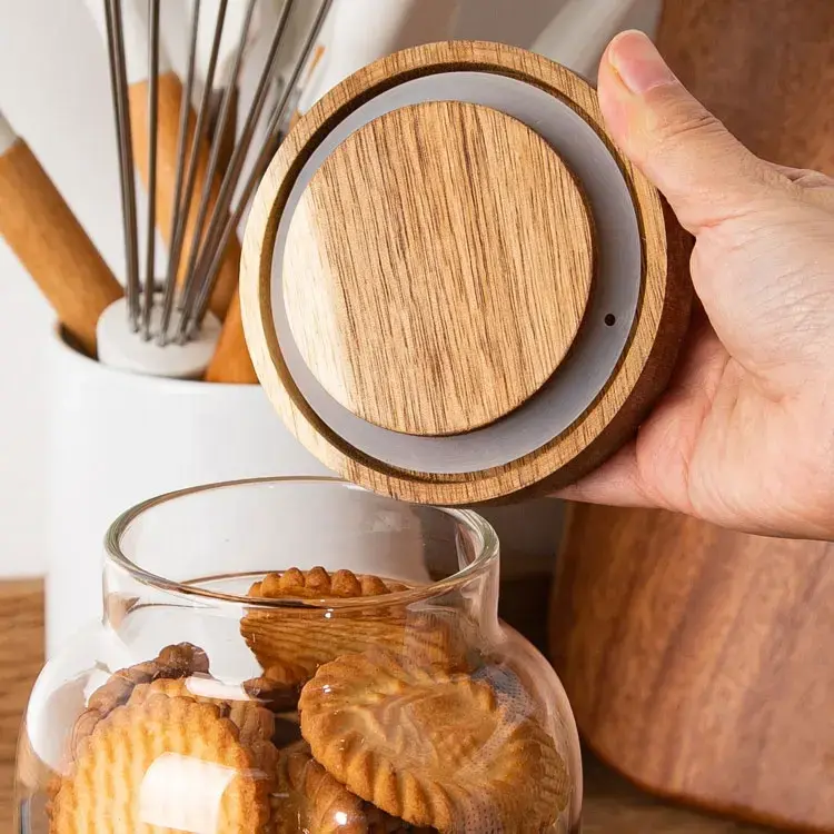 Oem Wide Mouth Thick High Borosilicate Glass Large Kitchen Grains Container Glass Spice Food Storage Jar With Wooden Lid