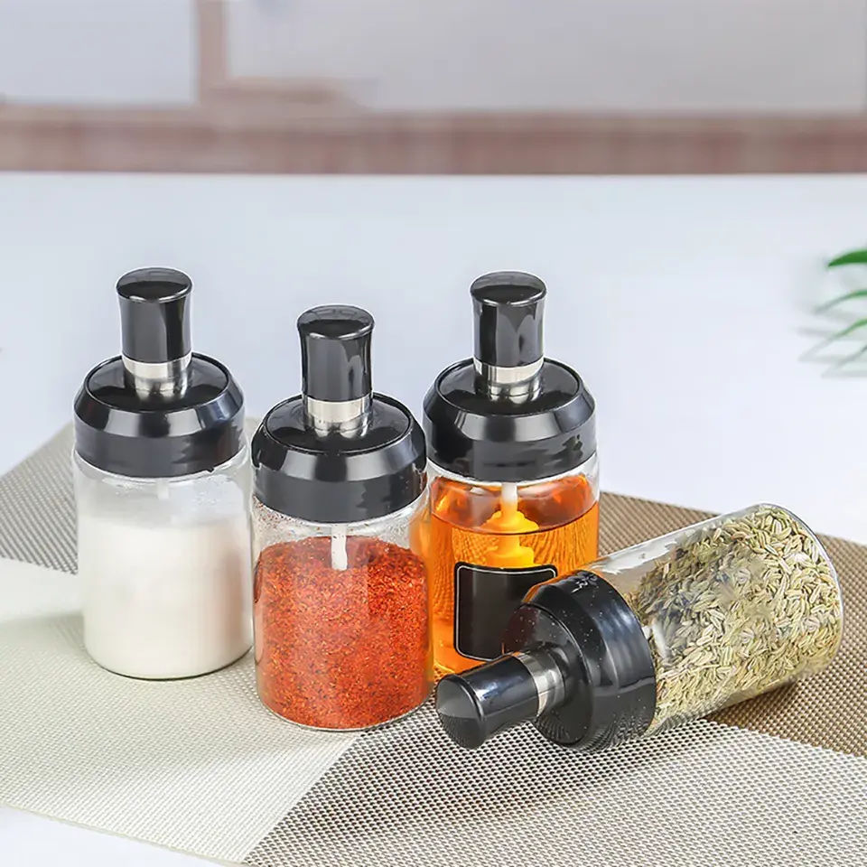 Glass Spice Box Spoon and Lid Integrated Spice Jar Combination Seasoning Jar Kitchen Supplies Home Salt Shaker Oil Bottle