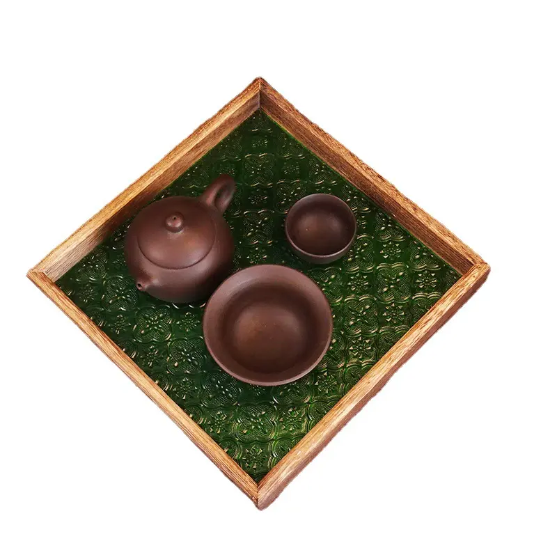 Vintage style begonia flower glass tray solid wood rectangular small tea tray water cup storage fruit tray snack plate Featured Image