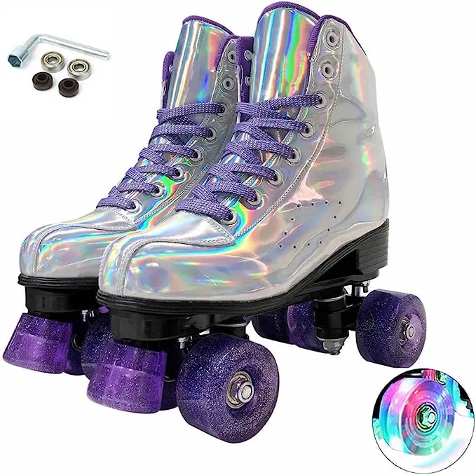 Holographic High Top PU Leather Skates Glitter Double Quad Skates
