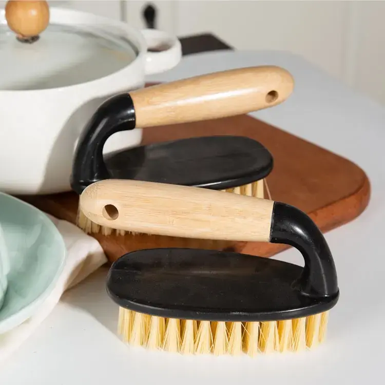 Oem Eco-Friendly Ergonomic Non-Slip Handle Non-Scratch Pot Cleaning Brush Bamboo Kitchen Dish Scrub Brush For Pan Sink