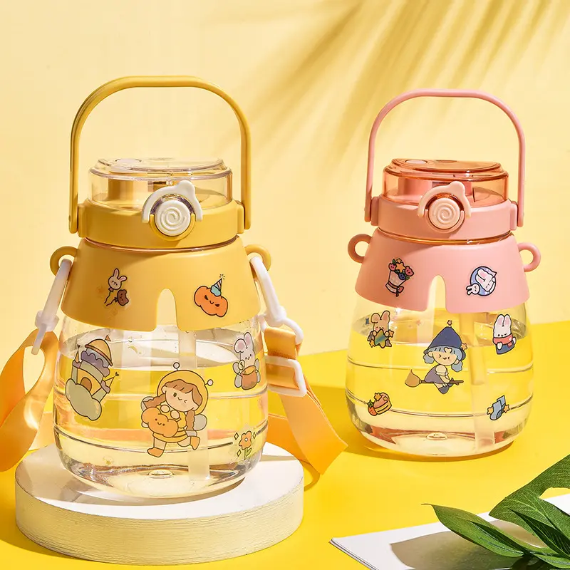 Internet celebrity high-value large-capacity plastic water cup double drink potbelly cup creative straw children’s schoolgirl portable water bottle