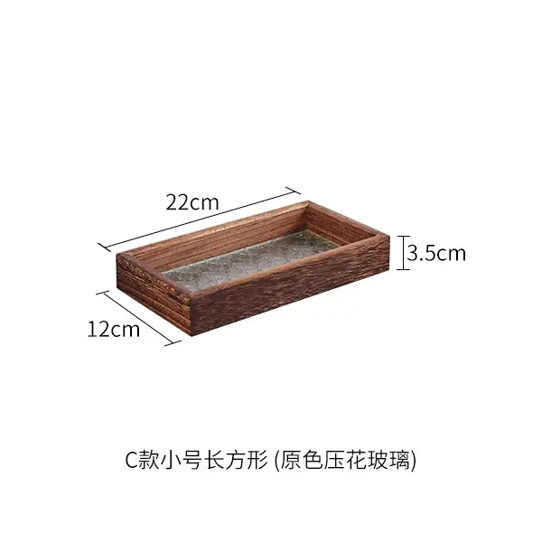 Vintage style begonia flower glass tray solid wood rectangular small tea tray water cup storage fruit tray snack plate