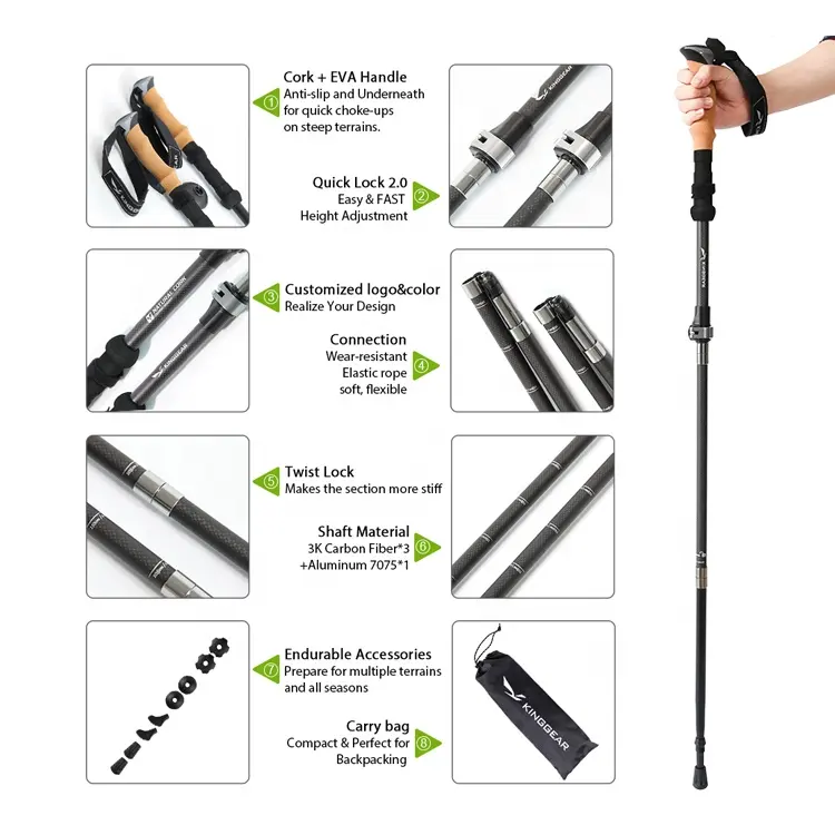 Outdoor 4-Section retractable foldable 3k carbon fiber Hiking trekking walking sticks poles with Quick