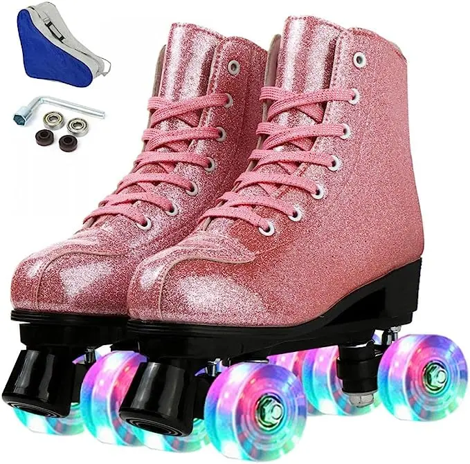 Holographic High Top PU Leather Skates Glitter Double Quad Skates
